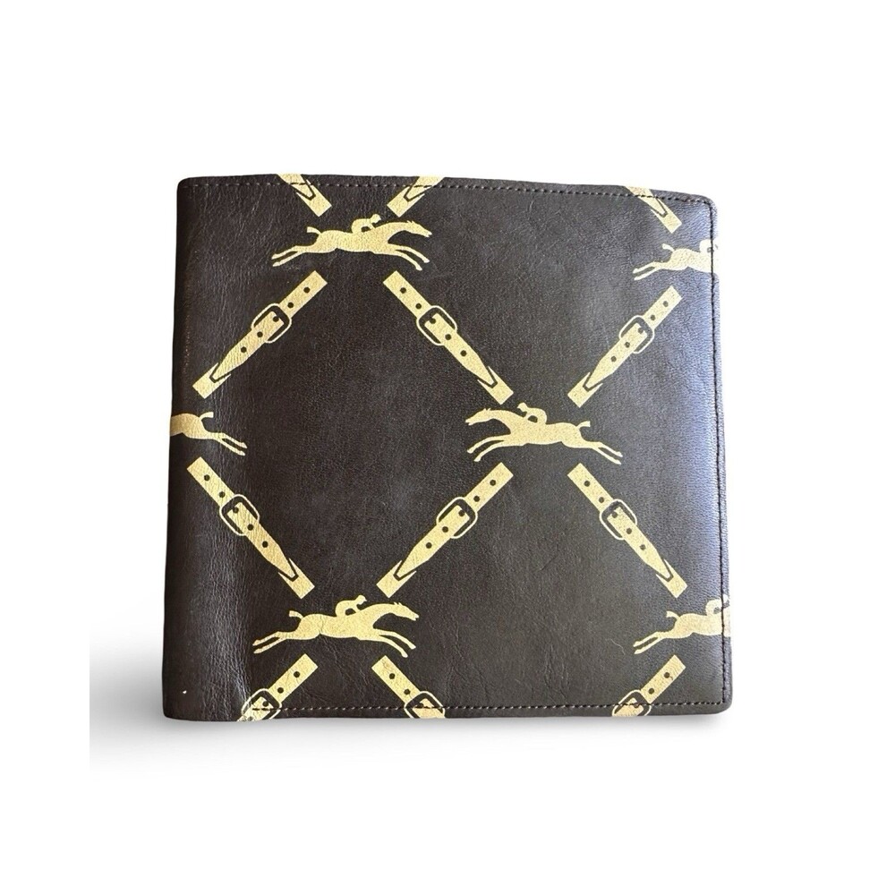 Longchamp Brown Logo Horse Print Bifold Card Coin Pouch Cash  Leather Wallet